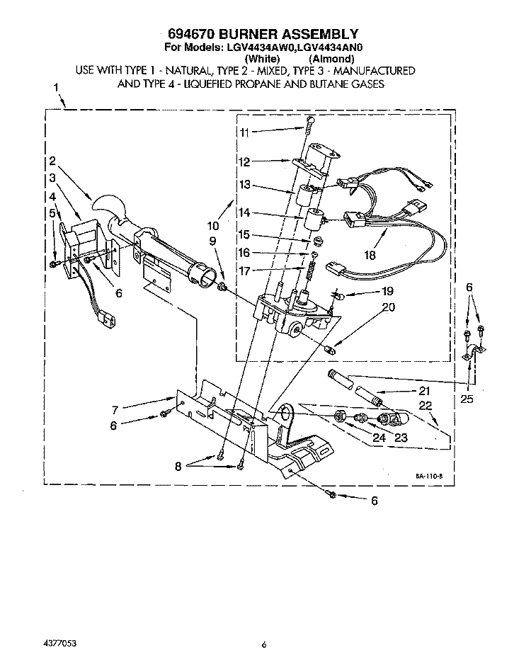 694670 BURNER ASSEMBLY Diagram and Parts List for LGV4434AW0  Whirlpool Dryer