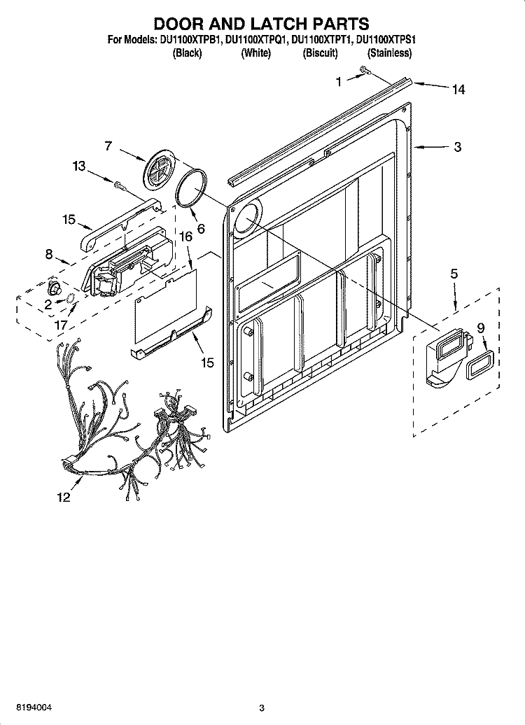 DOOR AND LATCH PARTS Diagram and Parts List for DU1100XTPB1  Whirlpool Dishwasher