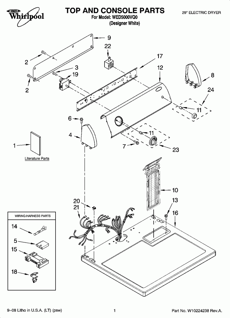TOP AND CONSOLE PARTS Diagram and Parts List for WED5000VQ0  Whirlpool Dryer