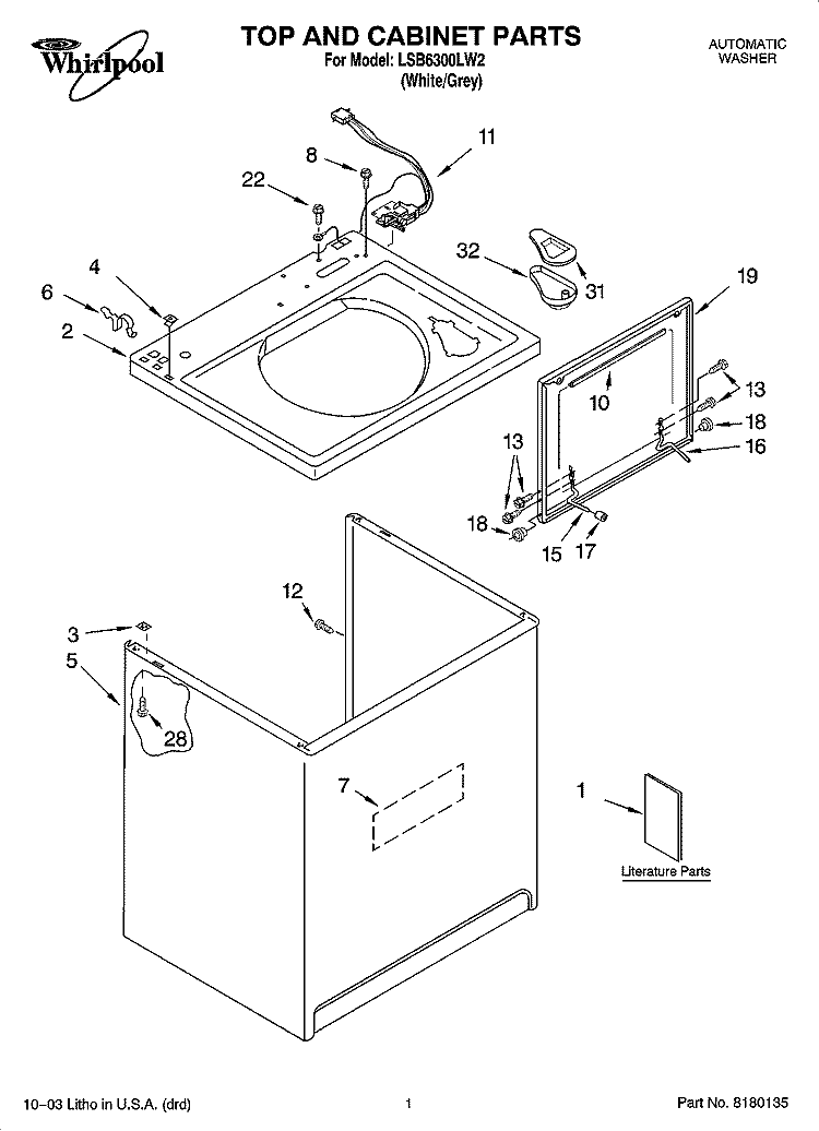 TOP AND CABINET PARTS Diagram and Parts List for LSB6300LW2  Whirlpool Washer