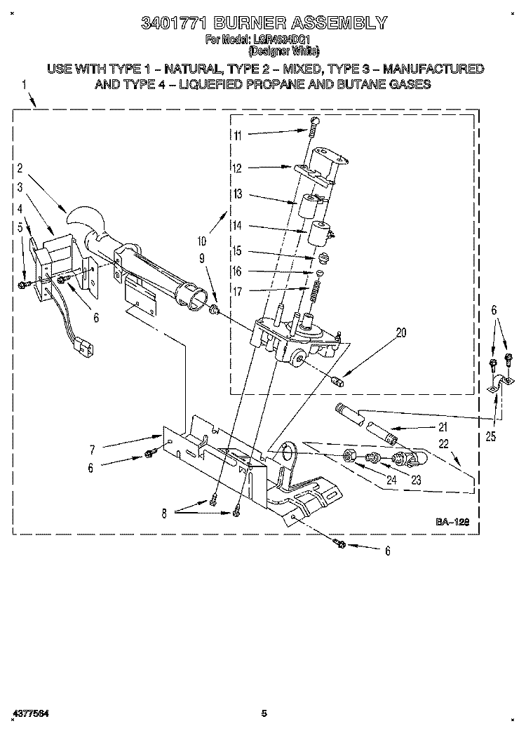 3401771 BURNER ASSEMBLY Diagram and Parts List for LGR4634DQ1  Whirlpool Dryer