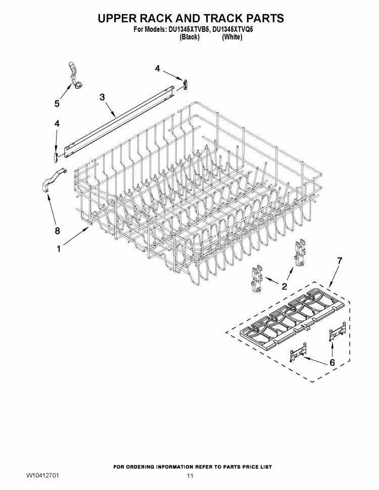 UPPER RACK AND TRACK PARTS Diagram and Parts List for DU1345XTVB5  Whirlpool Dishwasher