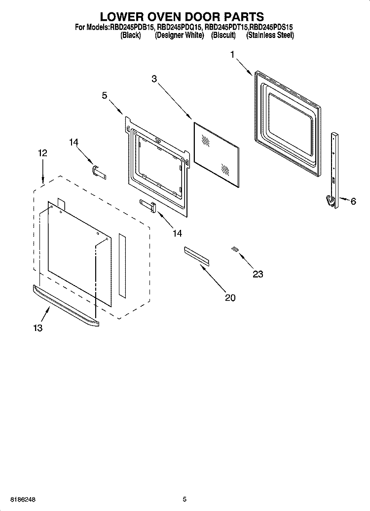 LOWER OVEN DOOR PARTS Diagram and Parts List for RBD245PDB15  Whirlpool Wall Oven