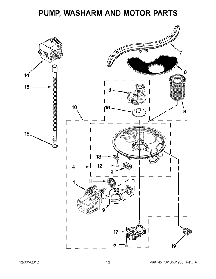 PUMP, WASHARM AND MOTOR PARTS Diagram and Parts List for KUDE60FXWH5  KitchenAid Dishwasher
