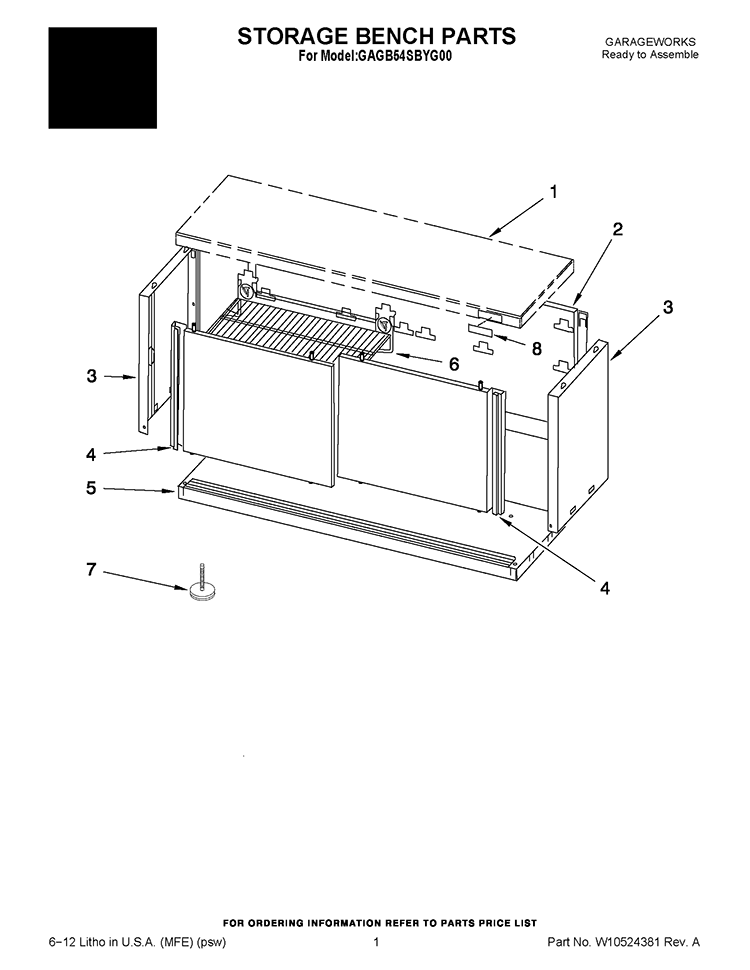 STORAGE BENCH PARTS Diagram and Parts List for GAGB54SBYG00  Whirlpool Cabinet