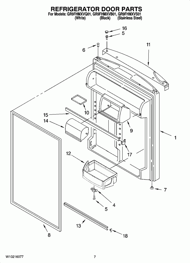 REFRIGERATOR DOOR PARTS Diagram and Parts List for GR9FHMXVB01  Whirlpool Refrigerator