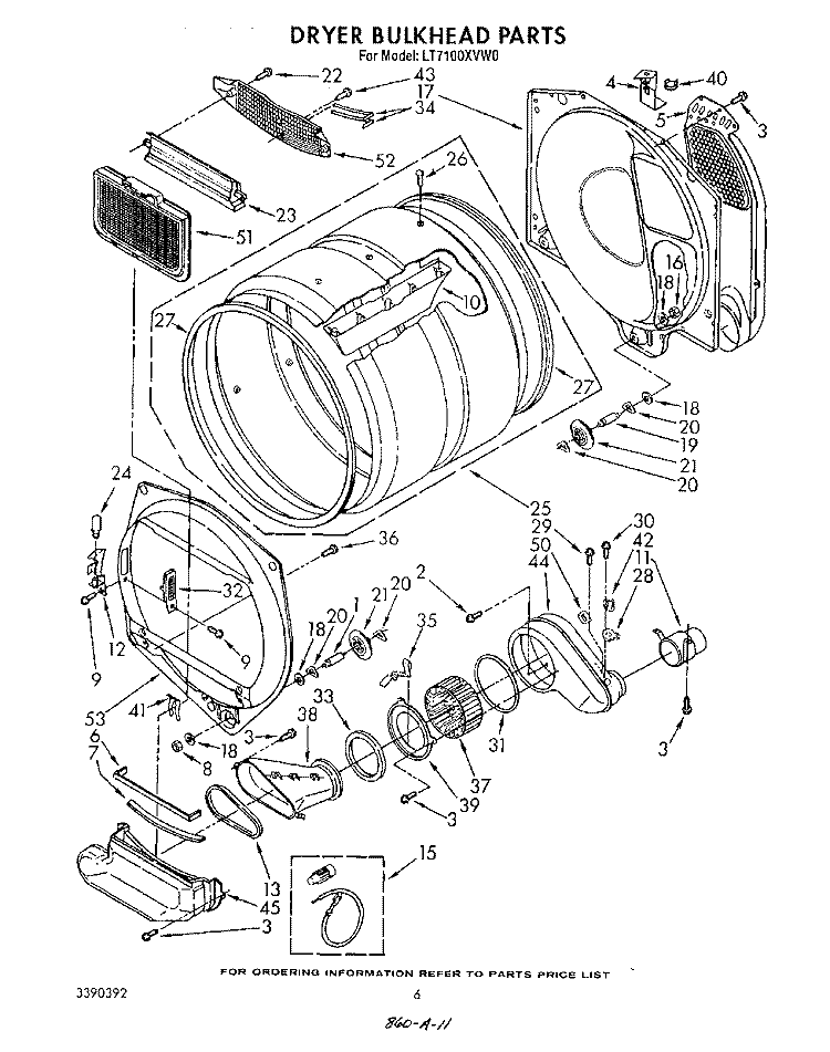 DRYER BULKHEAD Diagram and Parts List for LT7100XVN0  Whirlpool Washer Dryer Combo