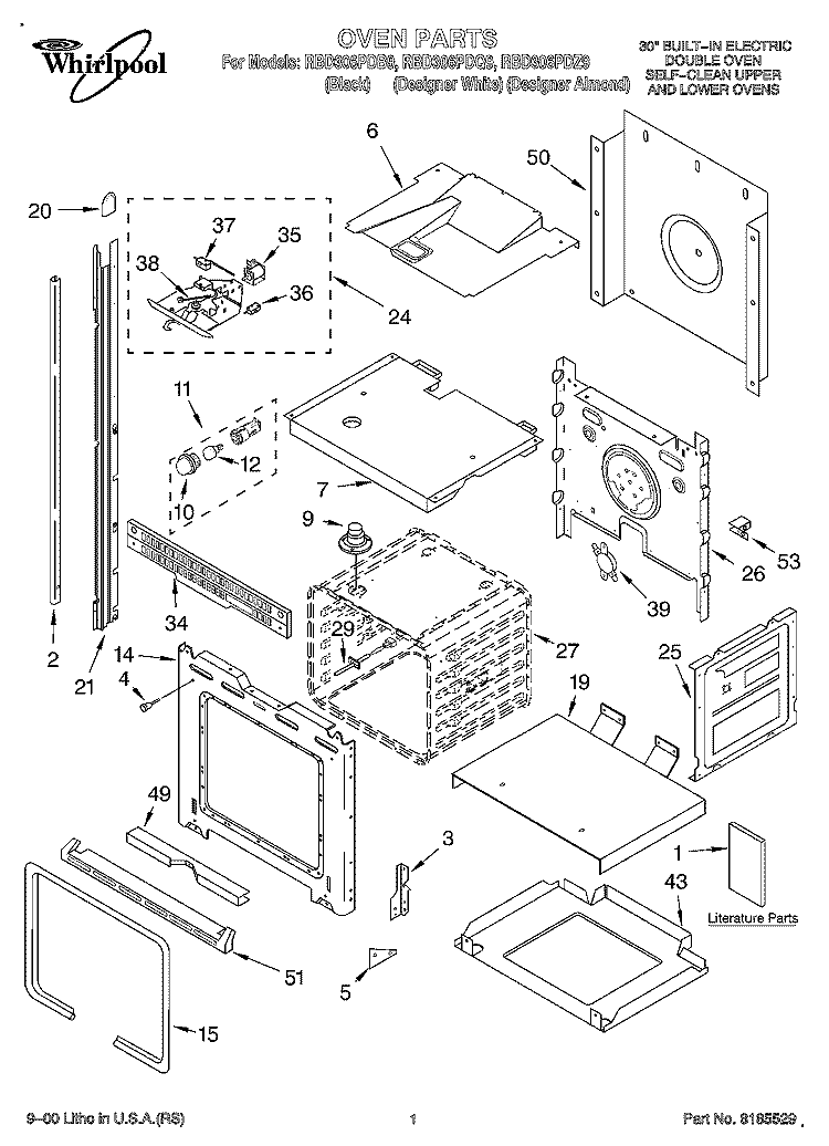 OVEN, LITERATURE Diagram and Parts List for RBD306PDZ9  Whirlpool Wall Oven