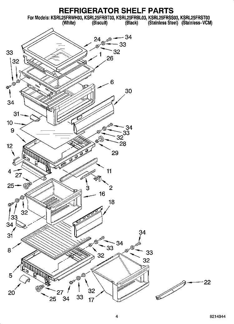 REFRIGERATOR SHELF PARTS Diagram and Parts List for KSRL25FRWH03  KitchenAid Refrigerator