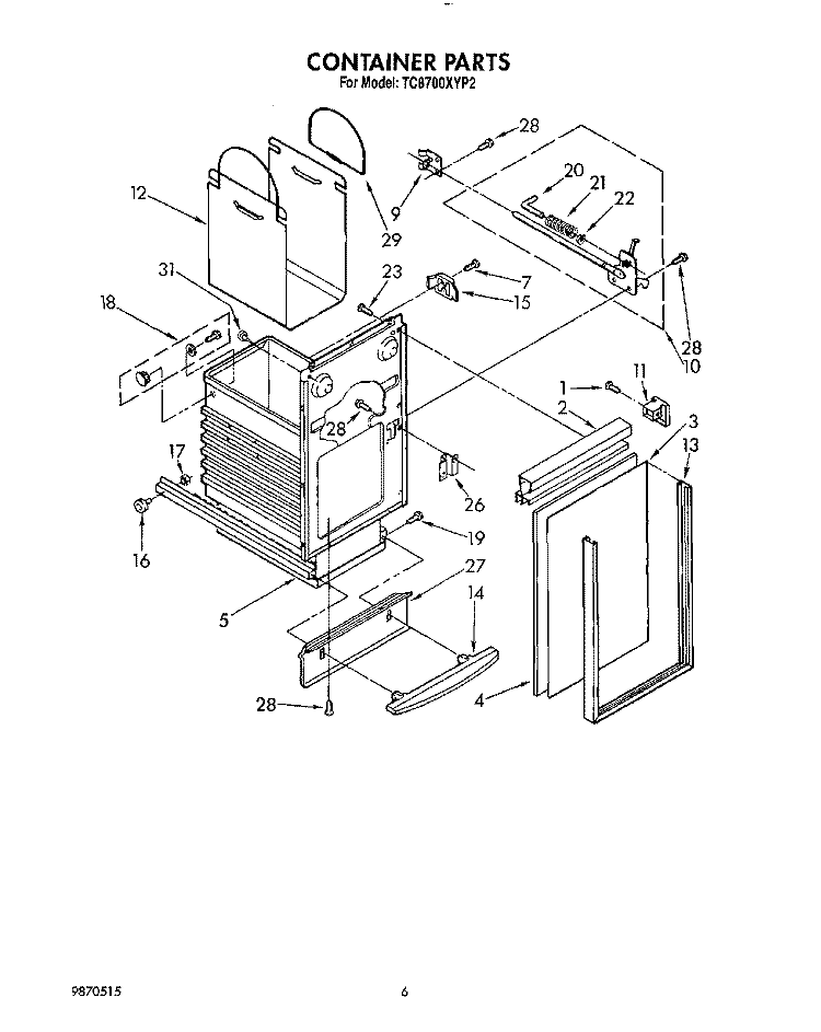 CONTAINER Diagram and Parts List for TC8700XYP2  Whirlpool Trash Compactor