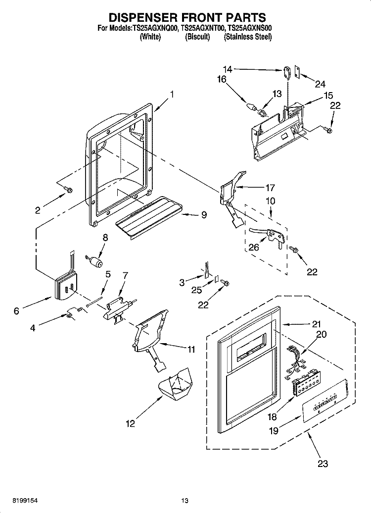 DISPENSER FRONT PARTS Diagram and Parts List for TS25AGXNS00  Estate Refrigerator