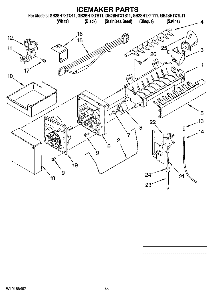 ICEMAKER PARTS, OPTIONAL PARTS (NOT INCLUDED) Diagram and Parts List for GB2SHTXTT11  Whirlpool Refrigerator
