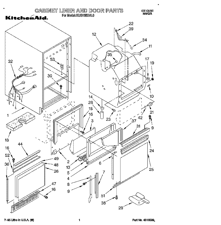 CABINET LINER AND DOOR, LITERATURE Diagram and Parts List for KUIS185DAL0  KitchenAid Ice Maker