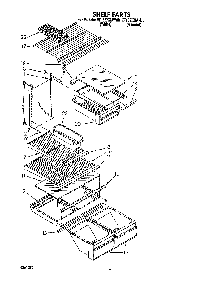 SHELF Diagram and Parts List for ET18ZKXAN00  Whirlpool Refrigerator