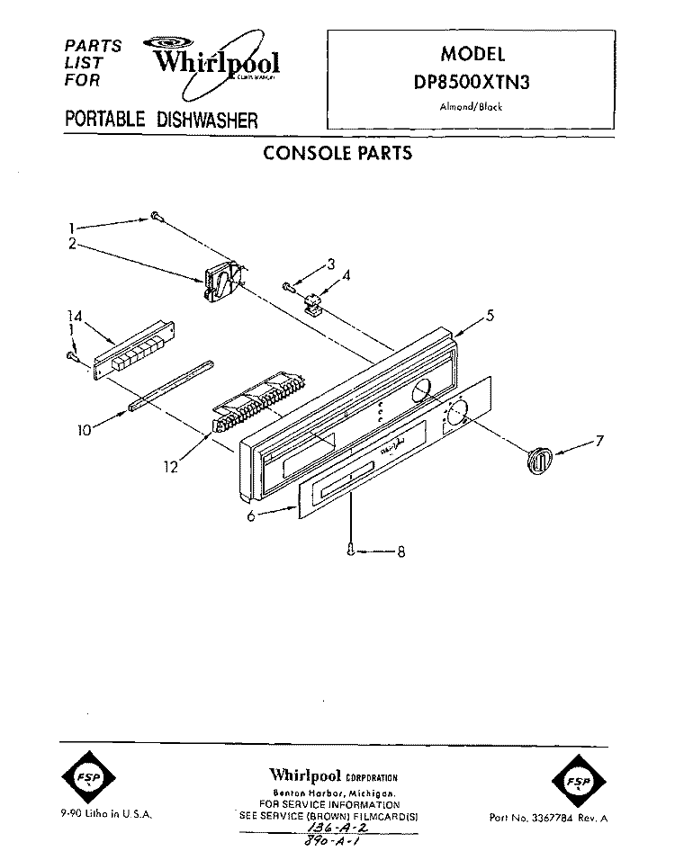 CONSOLE Diagram and Parts List for DP8500XTN3  Whirlpool Dishwasher