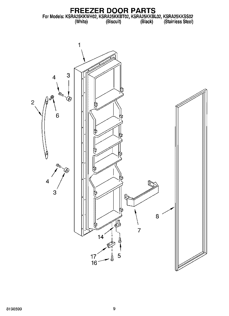 FREEZER DOOR PARTS Diagram and Parts List for KSRA25KKBT02  KitchenAid Refrigerator