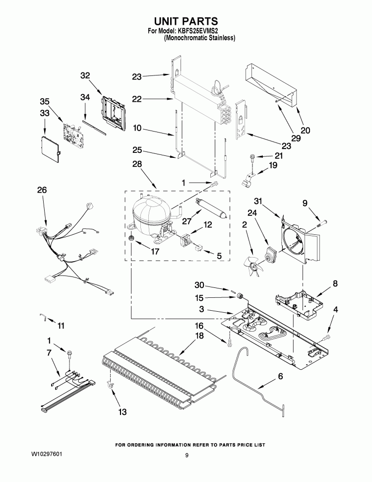 UNIT PARTS Diagram and Parts List for KBFS25EVMS2  KitchenAid Refrigerator
