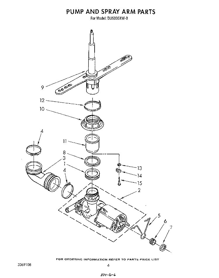 PUMP AND SPRAY ARM Diagram and Parts List for DU5000XW0  Whirlpool Dishwasher