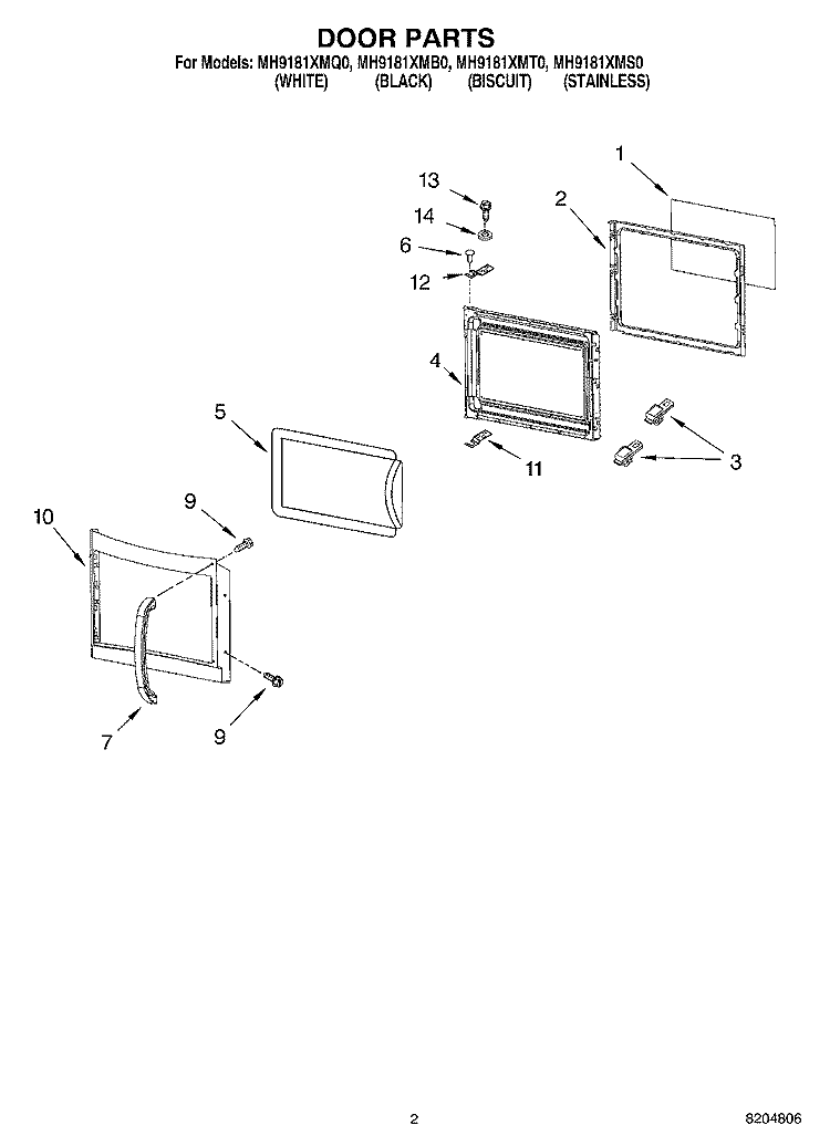 DOOR PARTS Diagram and Parts List for MH9181XMQ0  Whirlpool Microwave