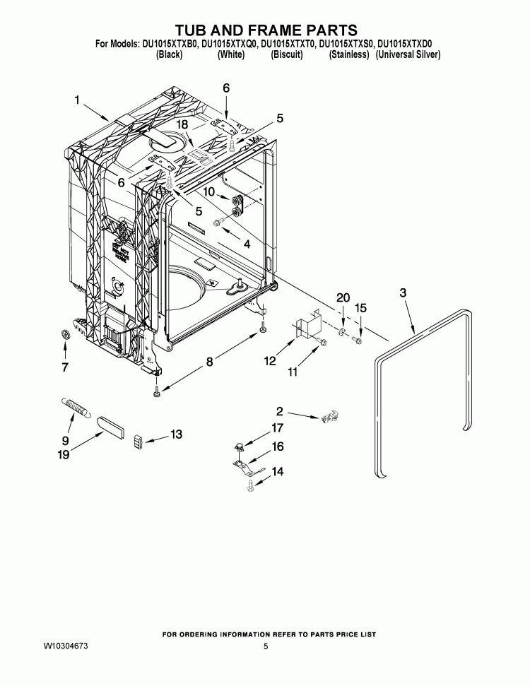 TUB AND FRAME PARTS Diagram and Parts List for DU1015XTXS0  Whirlpool Dishwasher