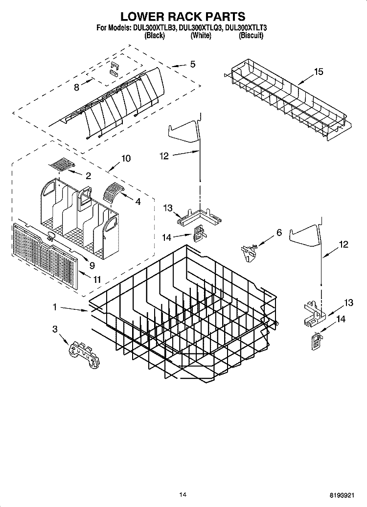LOWER RACK PARTS Diagram and Parts List for DUL300XTLT3  Whirlpool Dishwasher