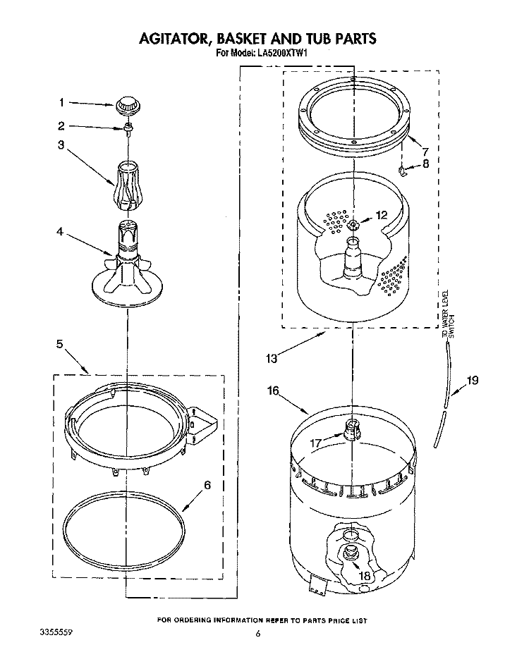 AGITATOR, BASKET AND TUB Diagram and Parts List for LA5200XTG1  Whirlpool Washer