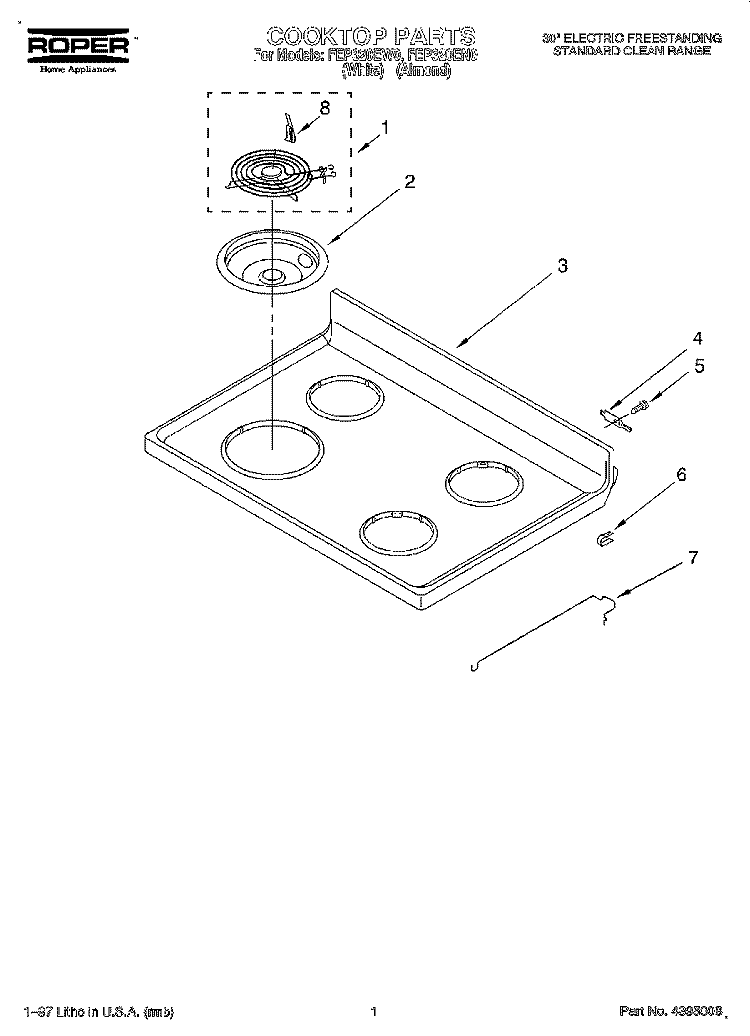 COOKTOP Diagram and Parts List for FEP320EW0  Roper Range
