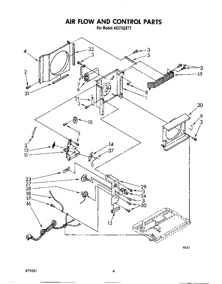 AIRFLOW AND CONTROL Diagram and Parts List for AC0752XT1  Whirlpool Air Conditioner