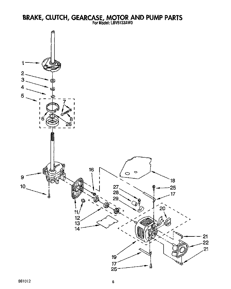 BRAKE, CLUTCH, GEARCASE, MOTOR AND PUMP Diagram and Parts List for LBV5133AW0  Whirlpool Washer