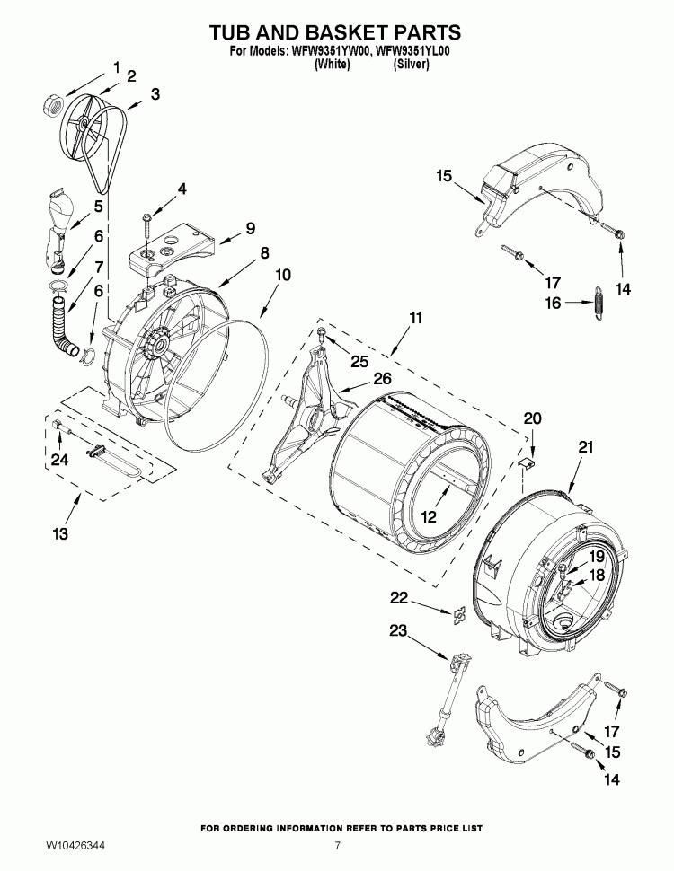 TUB AND BASKET PARTS Diagram and Parts List for WFW9351YW00  Whirlpool Washer