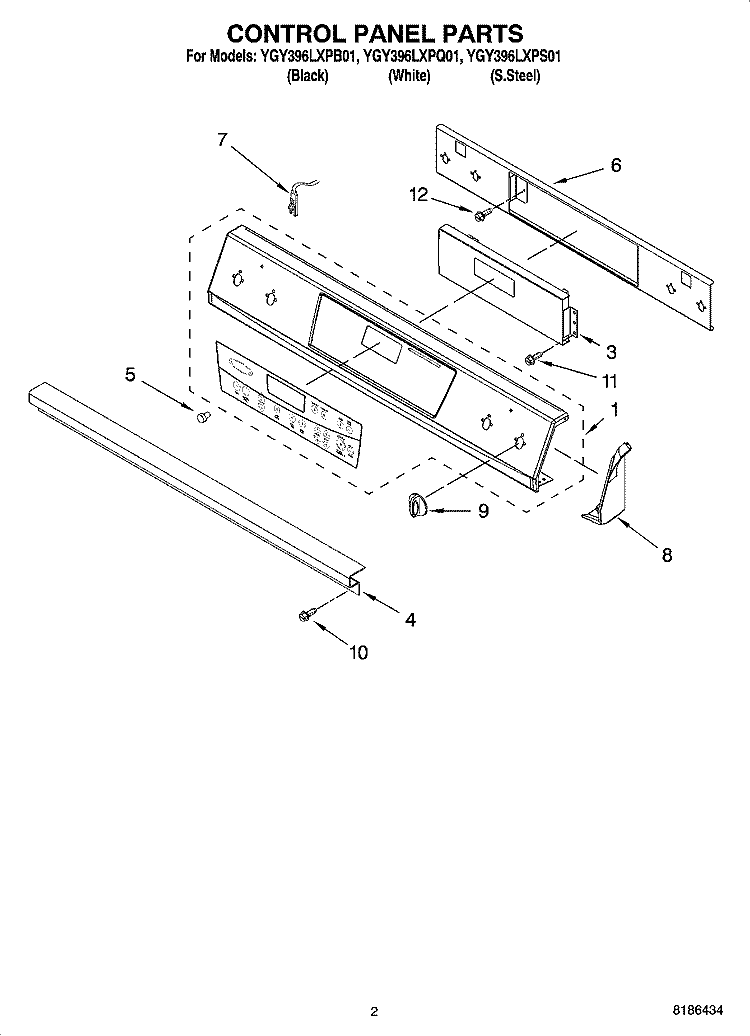 CONTROL PANEL PARTS Diagram and Parts List for YGY396LXPQ01  Whirlpool Range
