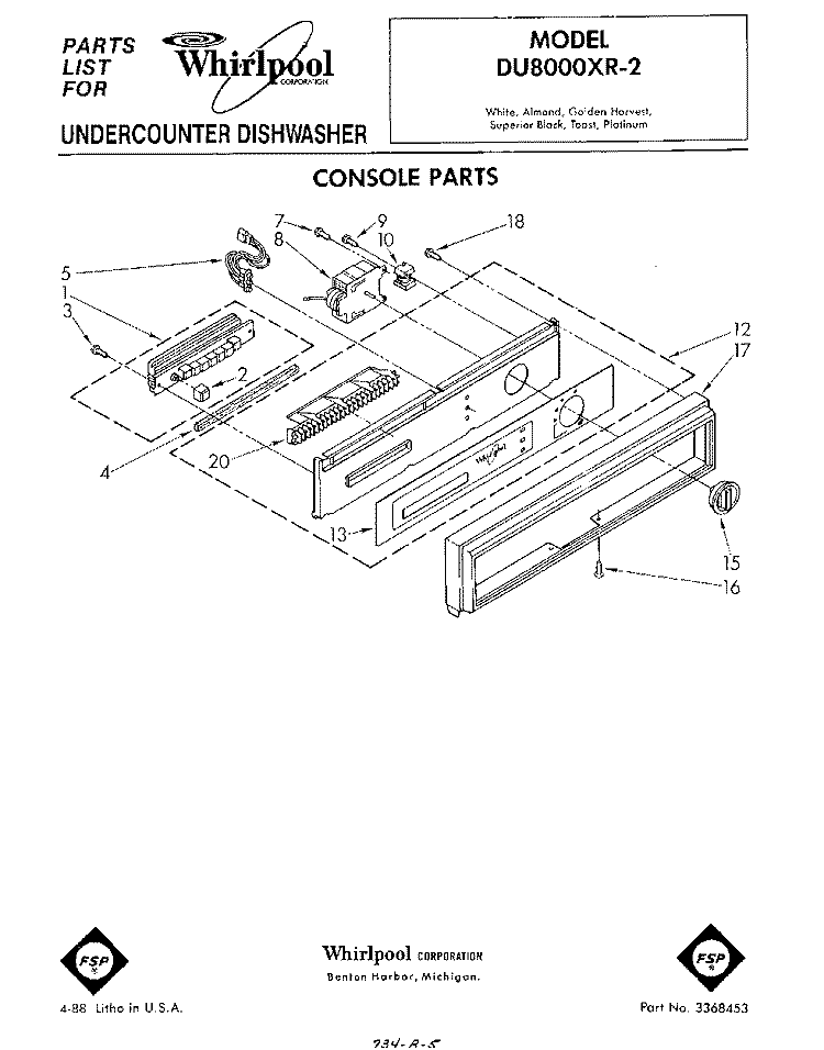 CONSOLE Diagram and Parts List for DU8000XR2  Whirlpool Dishwasher