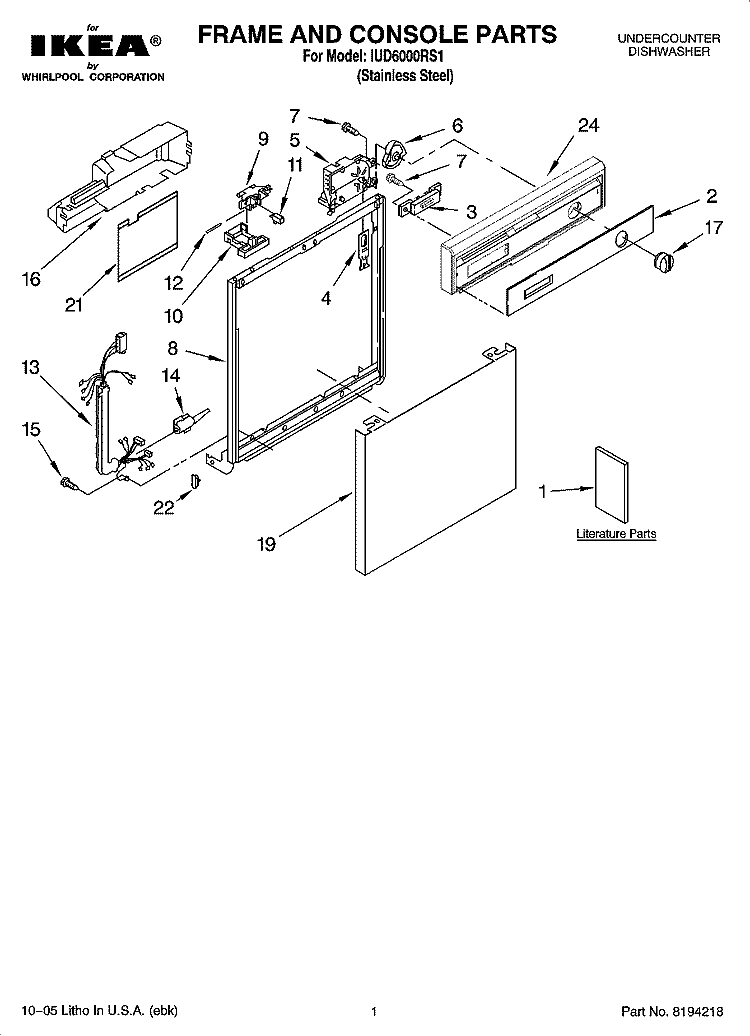 FRAME AND CONSOLE PARTS Diagram and Parts List for IUD6000RS1  Whirlpool Dishwasher