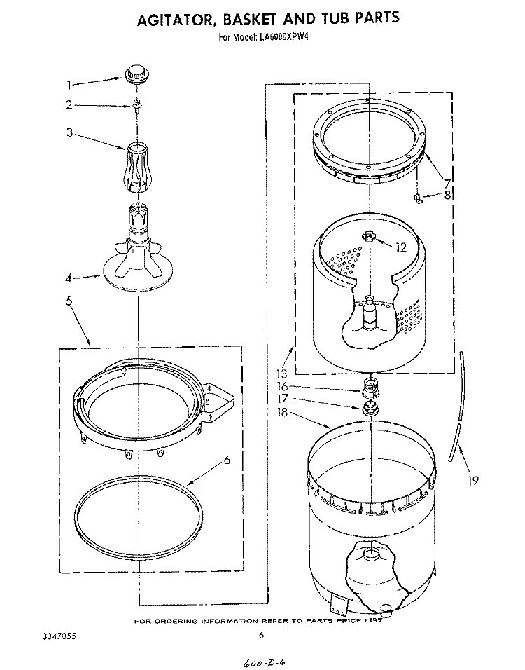 AGITATOR, BASKET AND TUB Diagram and Parts List for LA6000XPW4  Whirlpool Washer