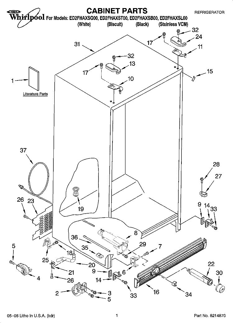 CABINET PARTS Diagram and Parts List for ED2FHAXSB00  Whirlpool Refrigerator