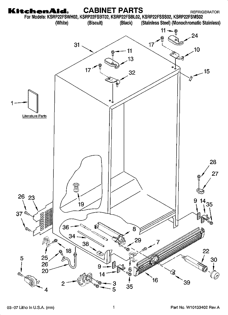 CABINET PARTS Diagram and Parts List for KSRP22FSMS02  KitchenAid Refrigerator