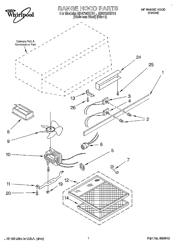 SECTION Diagram and Parts List for RH4736XDS1  Whirlpool Range Hood