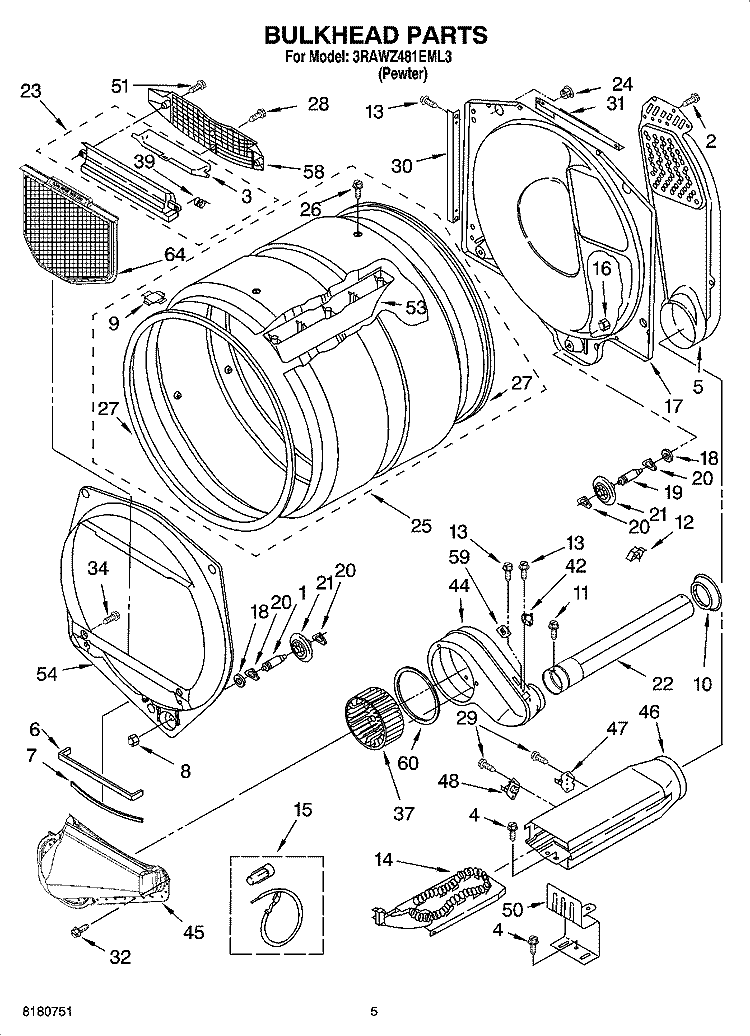 BULKHEAD PARTS Diagram and Parts List for 3RAWZ481EML3  Whirlpool Dryer