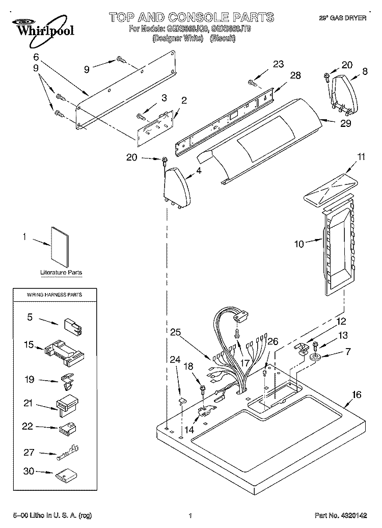 TOP AND CONSOLE, LIT/OPTIONAL Diagram and Parts List for GGX9868JQ0  Whirlpool Dryer