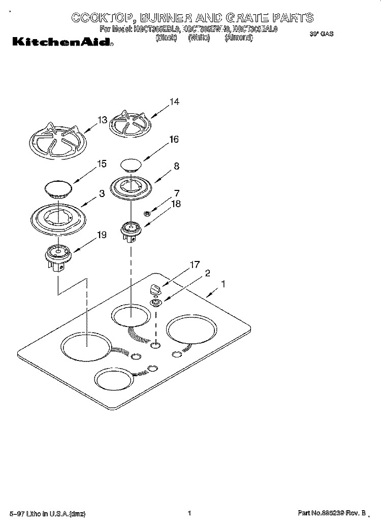 SECTION Diagram and Parts List for KGCT305EWH0  KitchenAid Cooktop