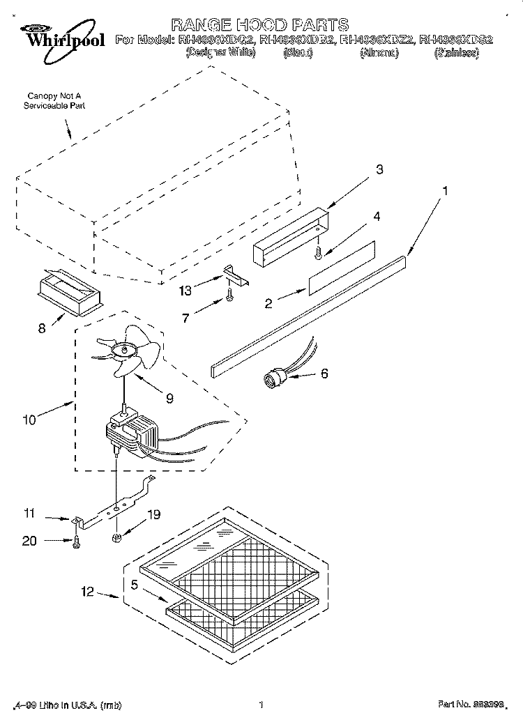 SECTION Diagram and Parts List for RH4936XDZ2  Whirlpool Range Hood