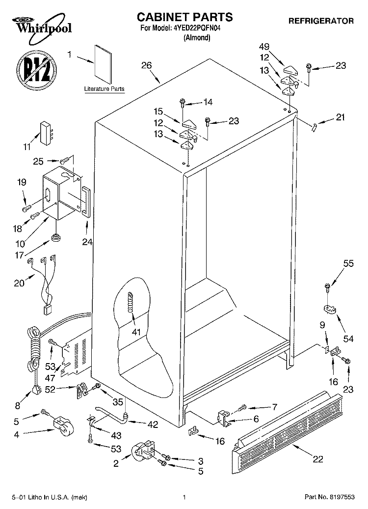 CABINET, LITERATURE Diagram and Parts List for 4YED22PQFN04  Whirlpool Refrigerator