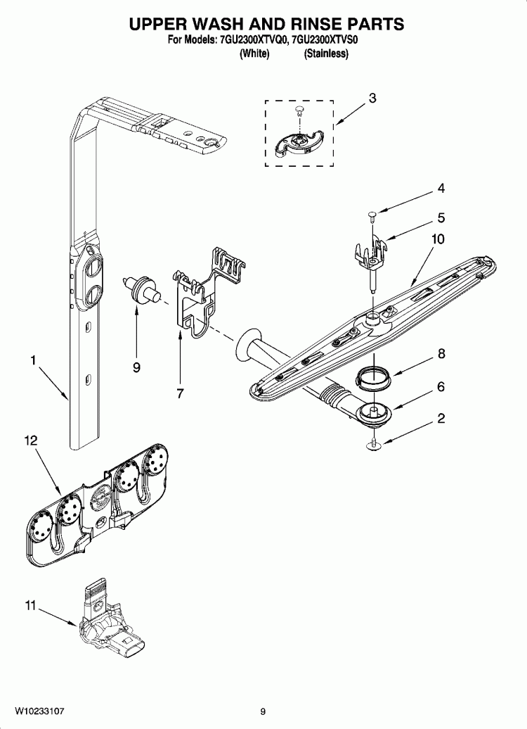 UPPER WASH AND RINSE PARTS Diagram and Parts List for 7GU2300XTVQ0  Whirlpool Dishwasher