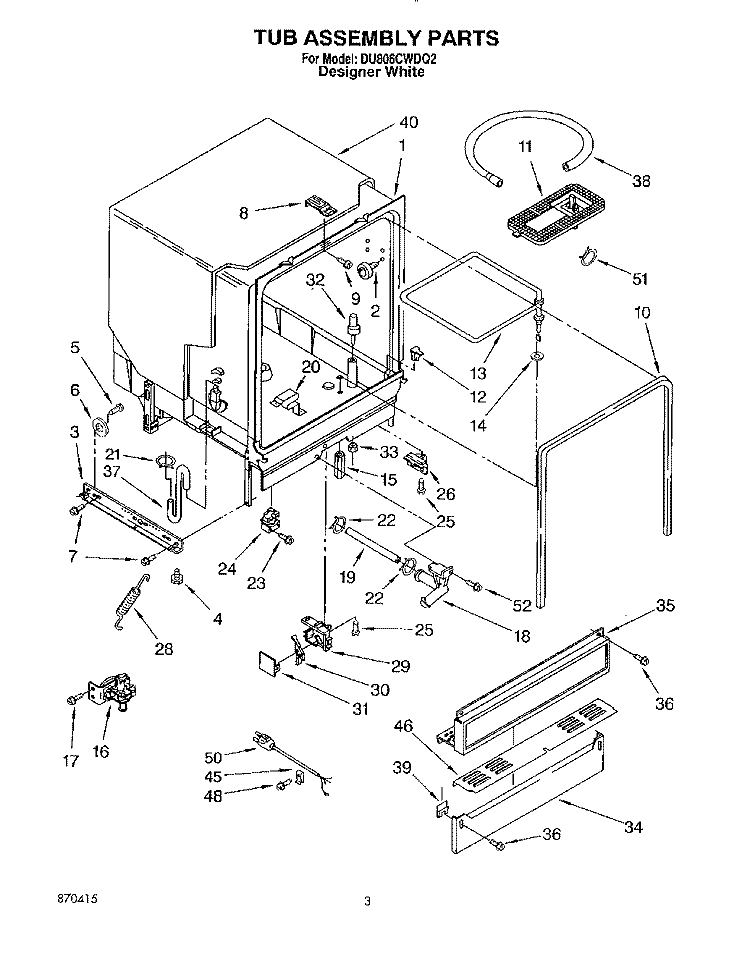 TUB ASSEMBLY Diagram and Parts List for DU806CWDQ2  Whirlpool Dishwasher