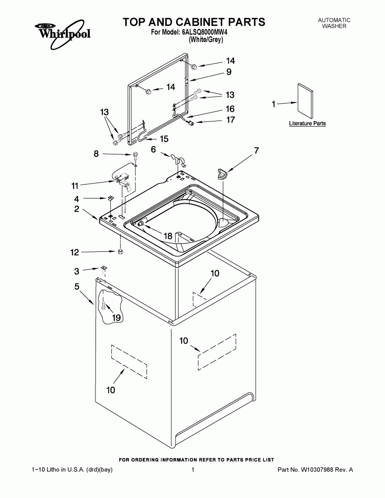 TOP AND CABINET PARTS Diagram and Parts List for 6ALSQ8000MW4  Whirlpool Washer