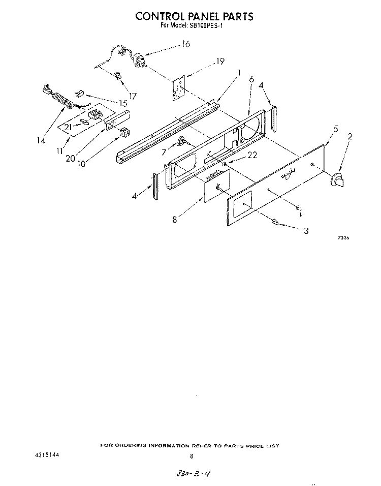 CONTROL PANEL Diagram and Parts List for SB100PES1  Whirlpool Range