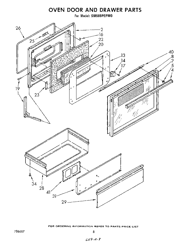 OVEN DOOR AND DRAWER Diagram and Parts List for SM988PEPW0  Whirlpool Range