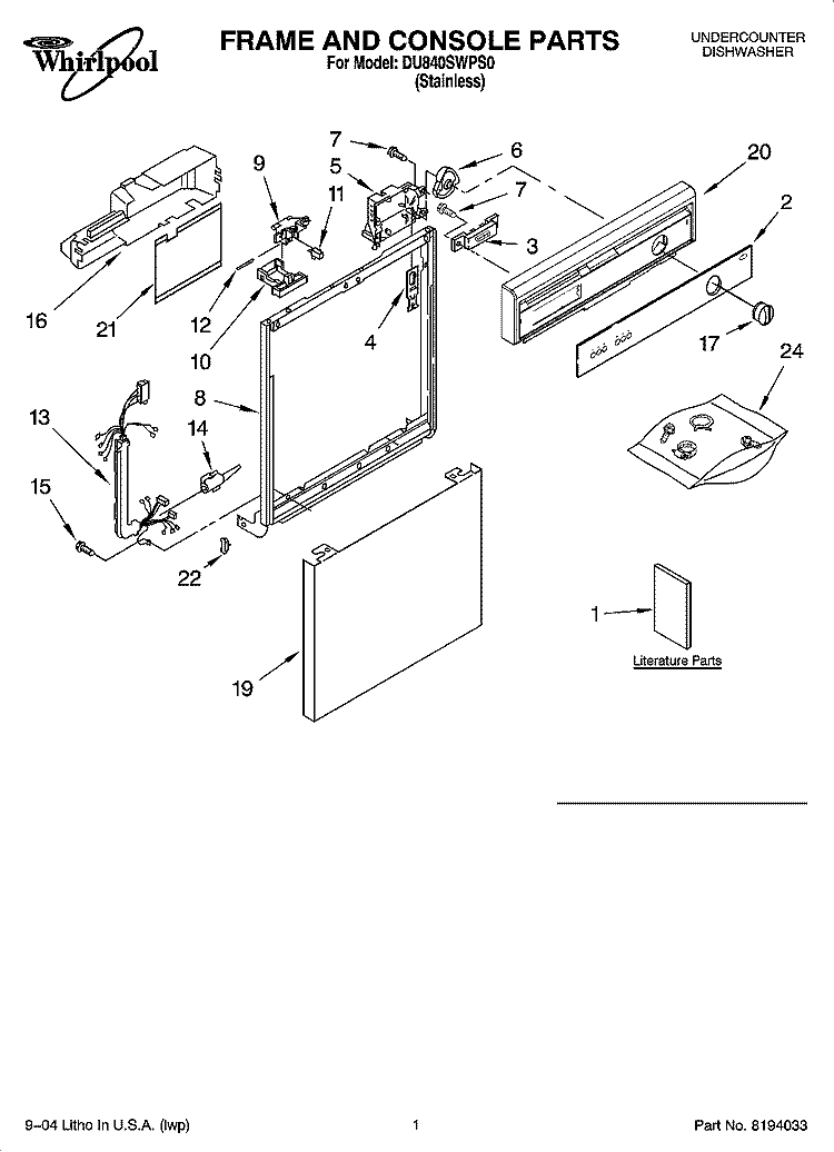 FRAME AND CONSOLE PARTS Diagram and Parts List for DU840SWPS0  Whirlpool Dishwasher
