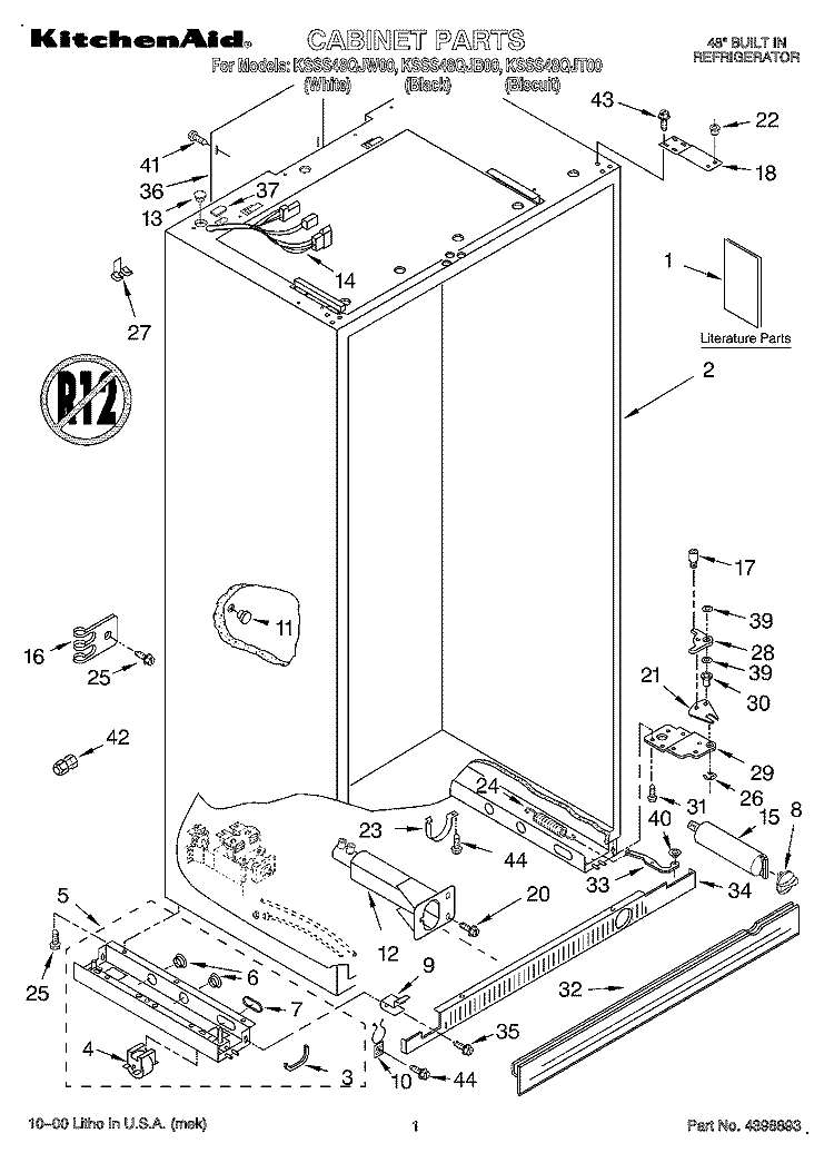 CABINET, LITERATURE Diagram and Parts List for KSSS48QJB00  KitchenAid Refrigerator