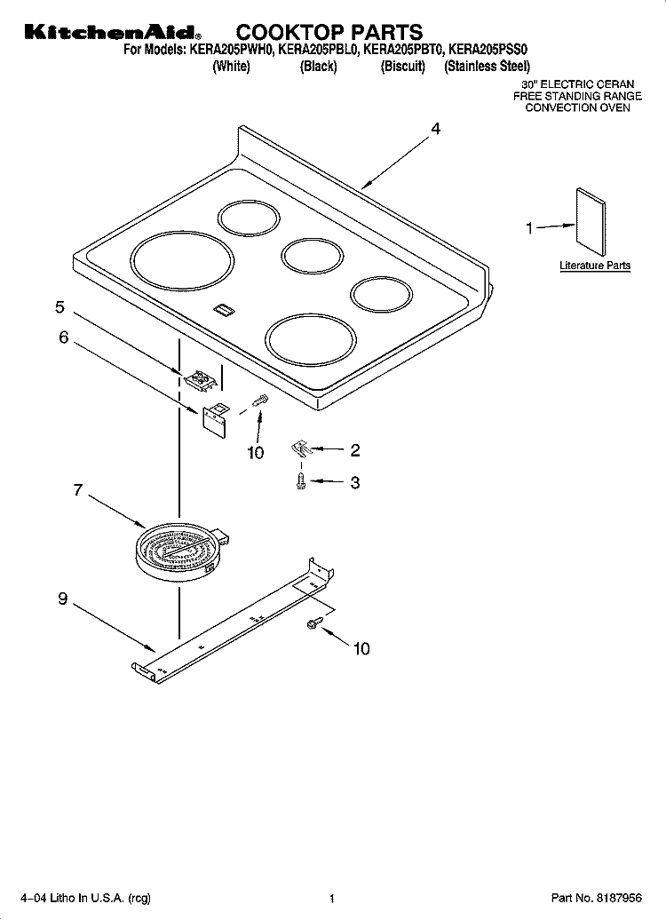 COOKTOP PARTS Diagram and Parts List for KERA205PSS0  KitchenAid Range